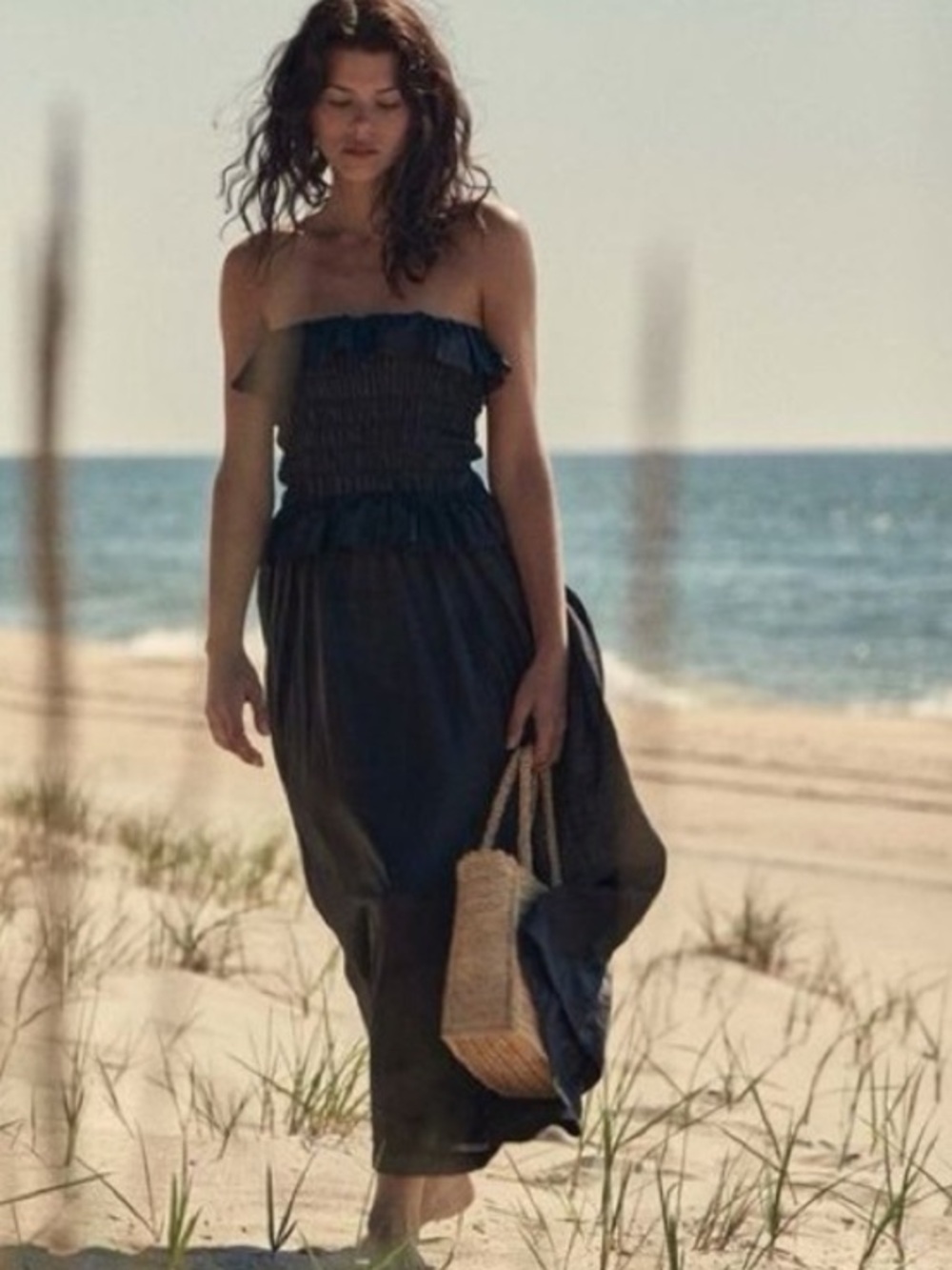 DÔEN Asteria Black Strapless Smocked Ruffled Maxi Dress - XS